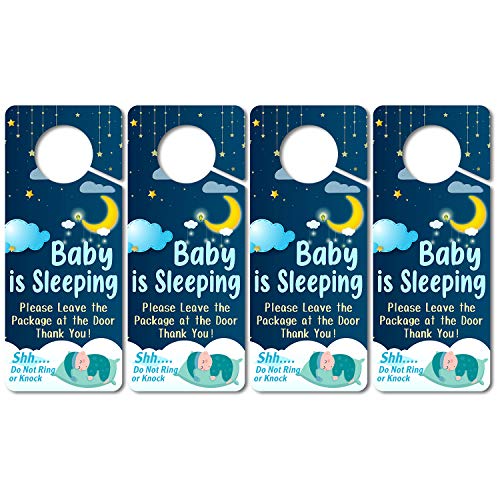 (4 Pack) Baby Sleeping Sign, Do Not Knock or Ring, Door Knob Hanger Sign,3.5 x 8.7 Inch Double Sided Premium Quality PVC…