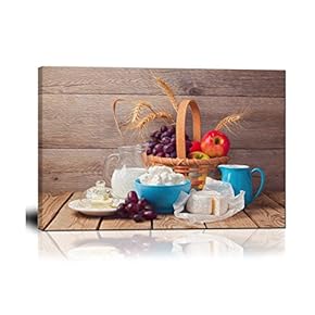 Canvas Wall Art - Milk, Cheese and Fruit Basket Over Wooden Background - Oil Painting Style Giclee Print Gallery Wrap Modern Home Art Ready to Hang - 12" x 18"