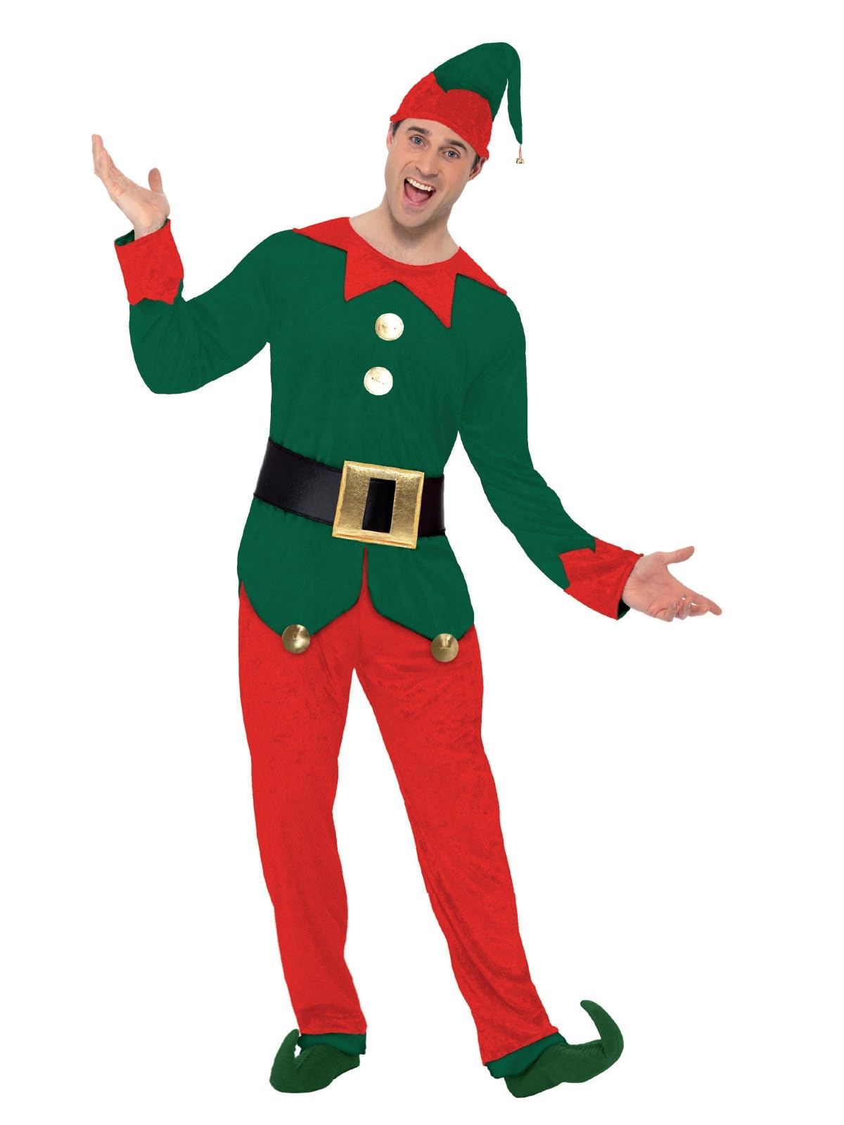 Smiffys Adult Elf Costume, Red & Green Christmas Fancy Dress Outfit -Top, Trousers, Hat & Belt, Xmas Office Parties, Festive Events, Holiday Celebrations & Santa’s Workshop Fancy Dress, XLarge