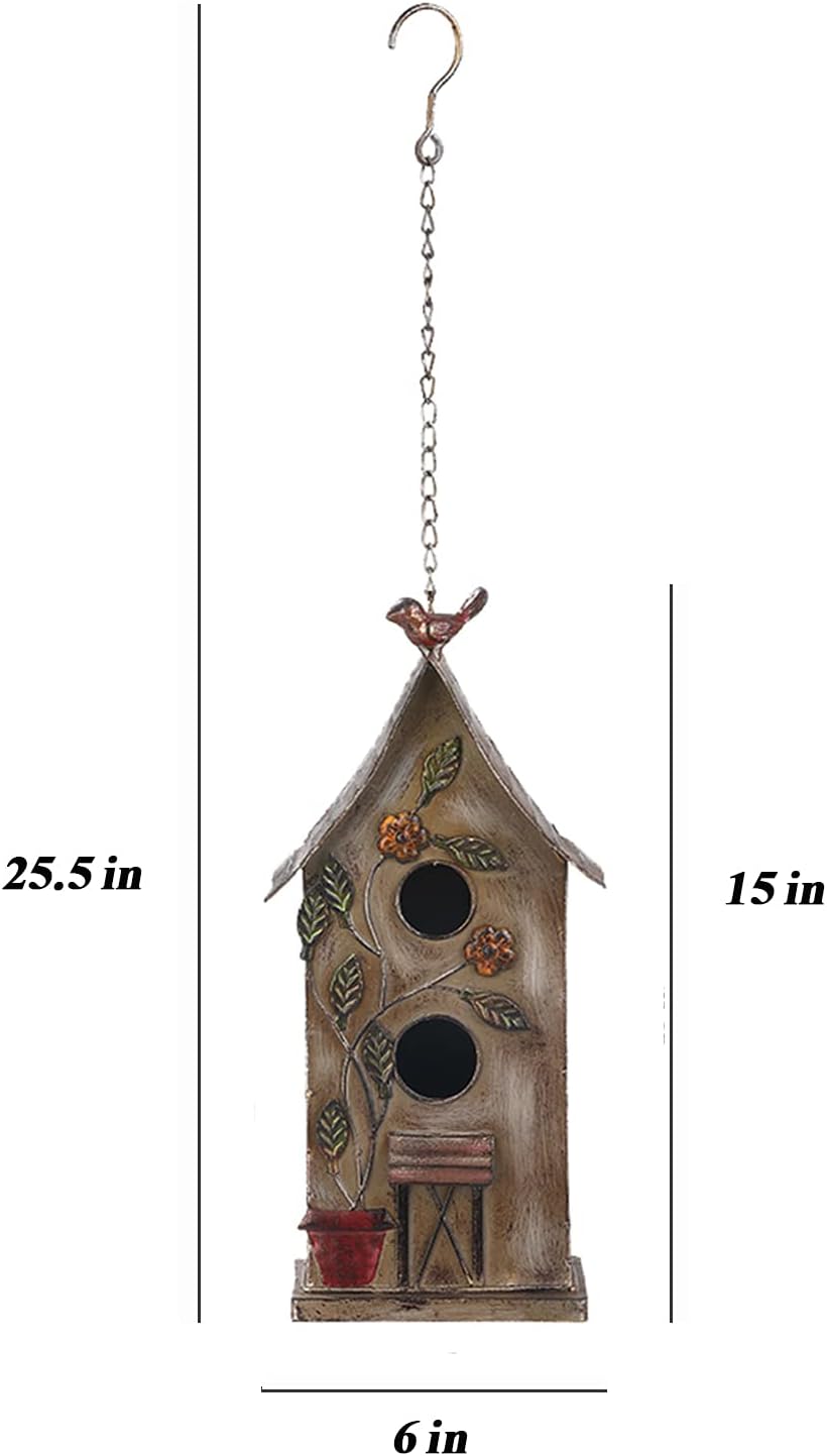 Brogan 15" H Distressed Metal Birdhouses for Outdoors Hanging, Bird House Decorative for Outside Garden Yard, Double Hole with Floral Accents : Garden & Outdoor