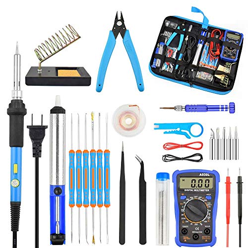 Soldering Iron Kit with Digital Multimeter, Toolour 28-in-1 Soldering Kit Electronics 60w Adjustable Temperature Soldering Iron with ON/OFF Switch, 5 Iron Tips, Solder Wire, Desoldering Pump, Stand