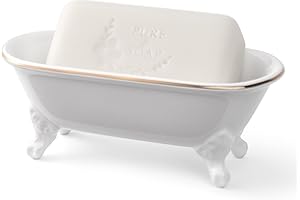 NEWHENGS 6.5" Ceramic Mini Decorative Clawfoot Bathtub Bar Soap Dish, Kitchen Sponge Holder and Shower Tray for Bathroom, 1 Pack (White Gold Rim)