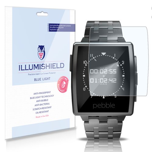 iLLumiShield – Pebble Steel Smartwatch (HD) Blue Light UV Filter Screen Protector Premium High Definition Clear Film / Reduces Eye Fatigue and Eye Strain – Anti- Fingerprint / Anti-Bubble / Anti-Bacterial Shield - Comes With Free LifeTime Replacement Warranty – [2-Pack] Retail Packaging