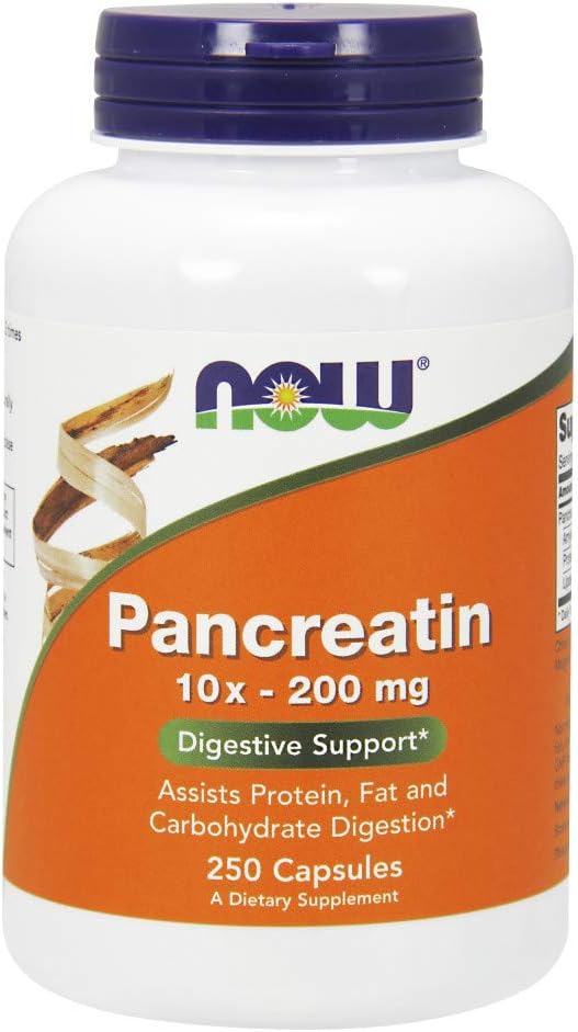 NOW Supplements, Pancreatin 10X 200 mg with naturally occurring Protease (Protein Digesting), Amylase (Carbohydrate Digesting), and Lipase (Fat Digesting) Enzymes, 250 Capsules: Health & Personal Care