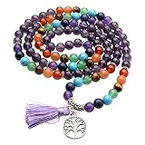 Jovivi 8mm Natural Amethyst 7 Chakra Healing Crystal Gemstone Prayer 108 Beads Tibetan Mala Bracelet Necklace w/Tree of Life Tassel