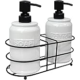 Blue Donuts 17 oz Hand Lotion and Soap Dispenser Set Ceramic Pump Bottle with Caddy, Kitchen and Bathroom Soap Dispenser, White