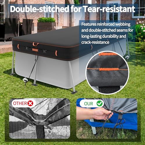Neuradical 420D rectangular cover for above-ground swimming pools, UV and tear resistant, available in various sizes 224 x 408 cm, windproof protection with reflective strips.