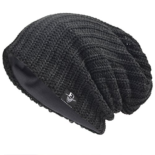 Men's Cool Cotton Beanie Slouch Skull Cap Long Baggy Hip-hop Winter Summer Hat B305 (Ribbed-Grey)