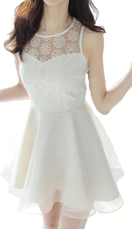 Amazon Kimberley 花柄 レース シースルー ノースリーブ フレア ワンピース 白 M オーガンジー パーティー フォーマル 二次会 ファッション セクシー 服 ファッション小物 通販