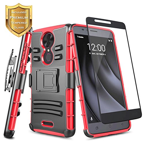 T-Mobile REVVL Plus Case with FREE [Full Cover Tempered Glass Screen Protector], NageBee [Heavy Duty] Shock Proof [Belt Clip] Holster [Kickstand] Combo Case for (T-Mobile) REVVL Plus (6 inch) (Red)