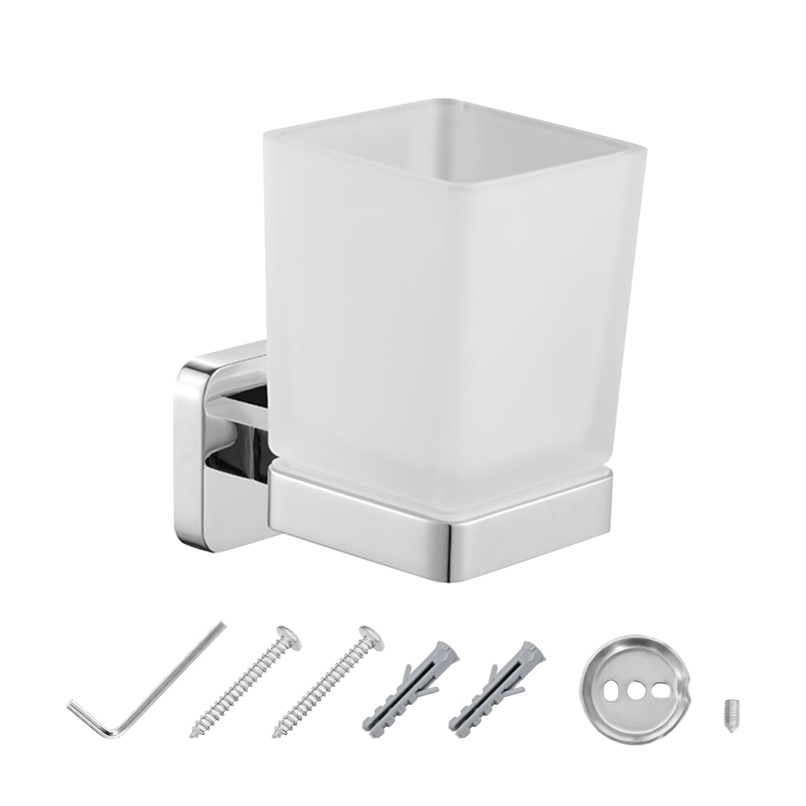 JASSFERRY Wall Mounted Toothbrush Tumbler Holder Single Frosted Glass Tumbler Toothpaste Organizer Storage Square Cup Chrome