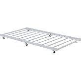 VECELO Twin Trundle Bed Frame Only/Roll Out/Enhanced &amp; Up-Graded Metal Slats Support with Lockable Casters, Bright White