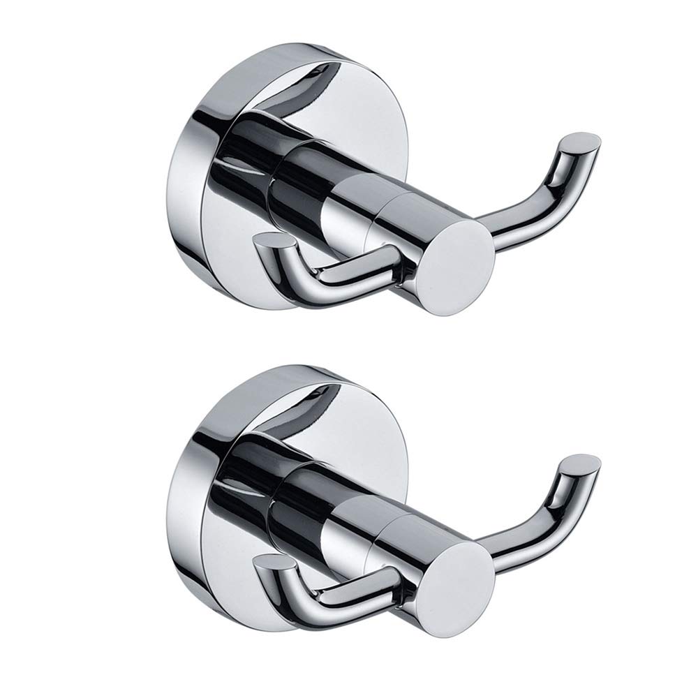 2 Pack Double Towel Hooks for Bathrooms, Stainless Steel Door Hooks Screw in, Heavy Duty Double Coat Hook for Bathroom Livingroom Kitchen Toilet Wall Mounted, Modern Polished Chrome Finish