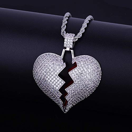 Red Broken Heart Necklace & Pendant With 4mm Tennis Chain Gold Silver Color Cubic Zircon Men's Women Hip hop Jewelry For Gift (Cuban chain 30inch)