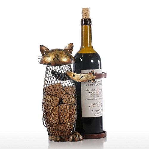 image for Tooarts Cat Wine Holder Cork Metal Wine Barrel Cork Storage Cage Table