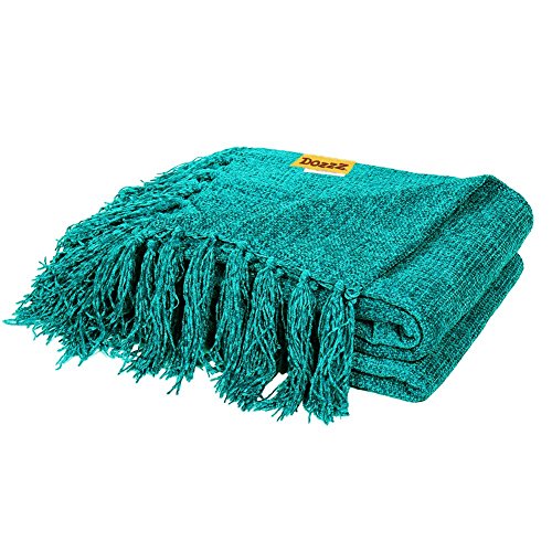 Light Weight Decorative Chenille Throw Blanket for Couch Throws Sofa Cover Soft Bedding Throw Blanket with Fringe, 60 x 50 Inch, Teal