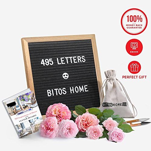 Black Felt Letter Board With Sturdy Oak Frame By Bitos Home - 10x10” Message Board Sign With 495 White Plastic Letters in Canvas Bag, Stand, Scissors &amp; Ebook - Great Notes Board For Wall &amp; Home Decor