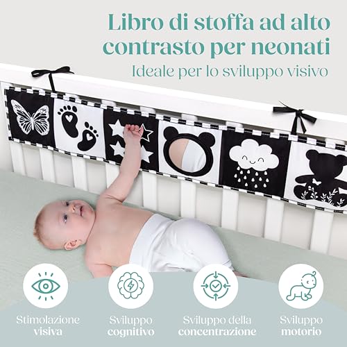 WELLODE Montessori Baby Sensory Book with Teddy Mirror – Black and White Book in Fabric, Montessori – Ultra Soft, Safe and Washable, Ideal for Visual Development and Tummy Time (0-12 Months)