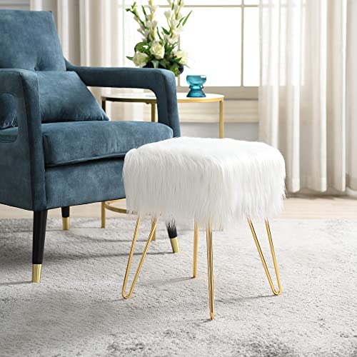 C COMFORTLAND White Faux Fur Vanity Stool, Small Fluffy Vanity Seat