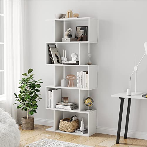 Function Home Geometric Bookcase Wood, S Shaped Bookshelf 5Tier