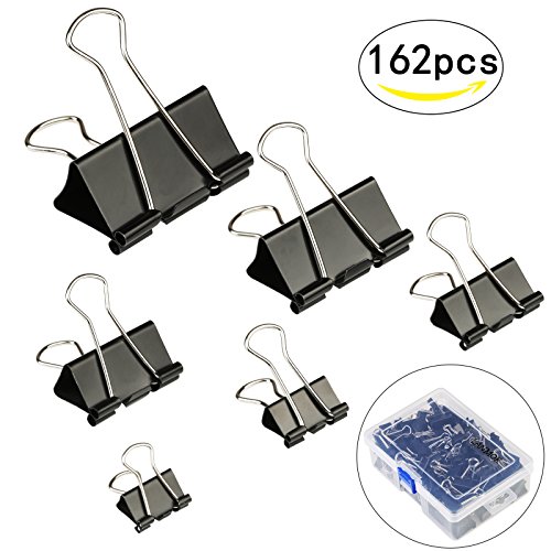 162 Pcs Binder Clips LANMOK Paper Clamps Assorted 6 Sizes With Plastic Storage Box for Note Letter Paper Office School Home Supplies
