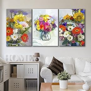 3 Panel Canvas Wall Art - Oil Painting Style Colorful Flowers - Giclee Print Gallery Wrap Modern Home Art Ready to Hang - 16"x24" x 3 Panels