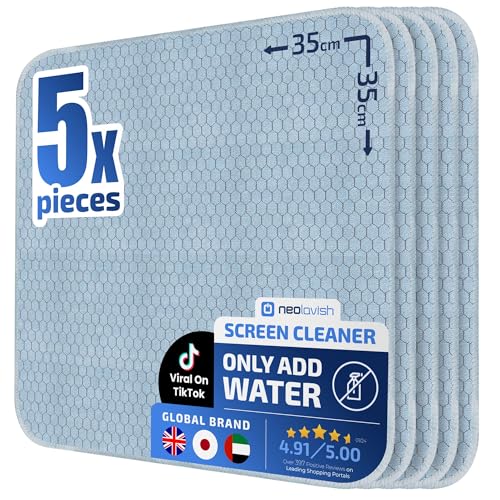 Neolavish® Screen Cleaner Cloth - Just Add Water, 5 Pcs | Streak-Free TV Cleaning Microfiber | Screen Wipe for TV, OLED, Laptop, Tablet, Phone, Monitor, Car | Large - 35x35 cm