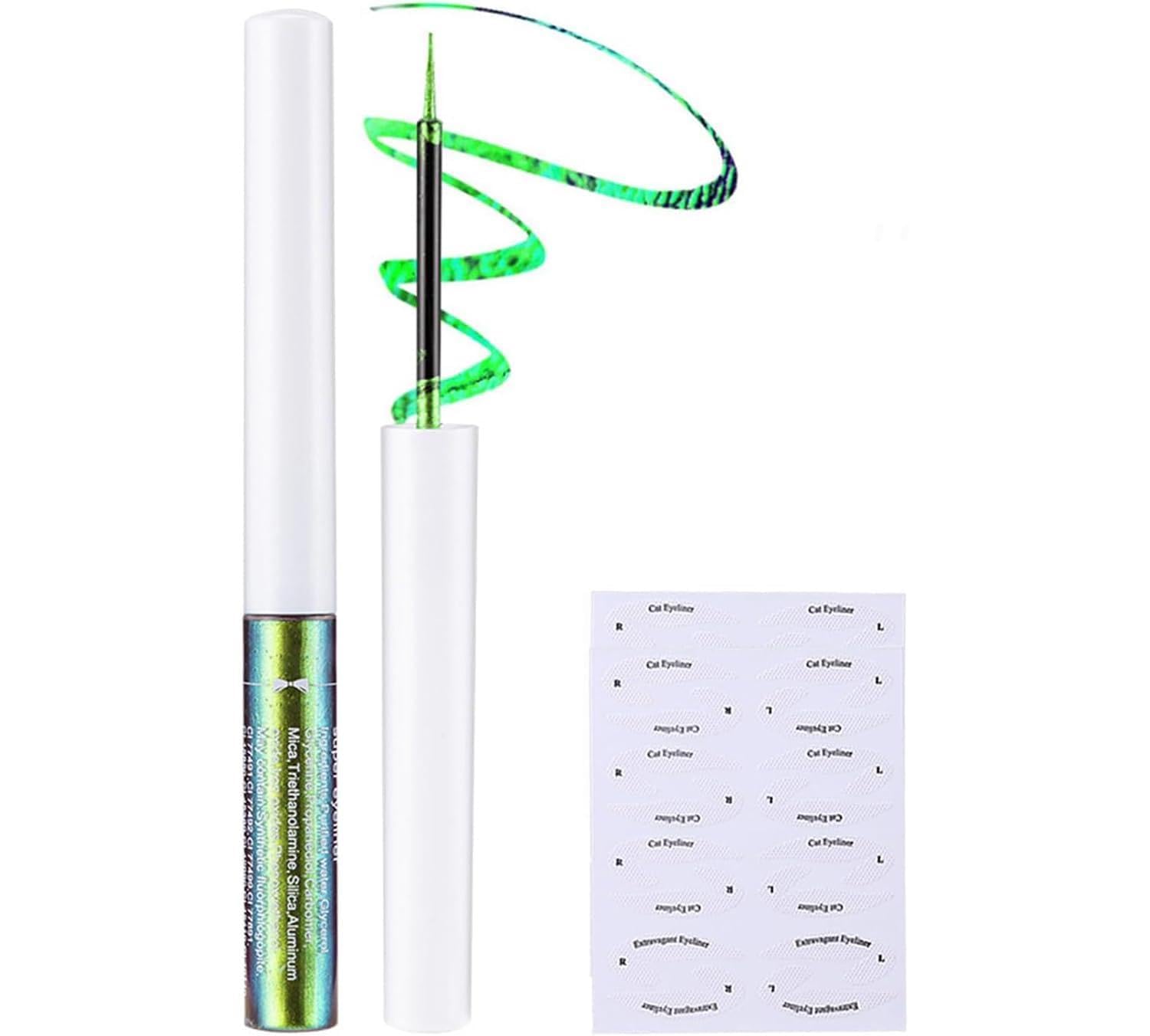 Chameleon Green Glitter Liquid Eyeliner, Long-lasting Waterproof Multi-Dimensional Shimmering Effect, 2 Eyeliner Sticker, Sparkling Metallic Satin Eye Liner Pencil for Party & Stage Cosplay