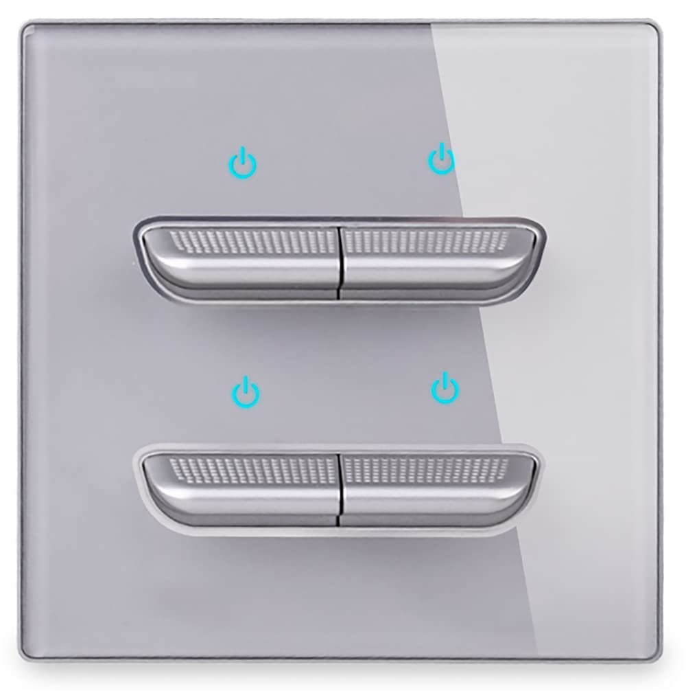 1/2/3/4 Gang 2 Way Black/White/Grey/Gold Wall Light Switch Chrome Toggle Press Button Tempered Glass Plate Blue LED Light (4 gang 2 way grey) — image 1