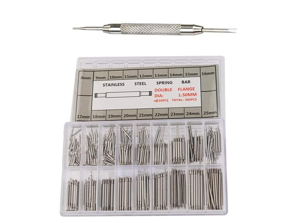 Watch Spring Pins,360 pcs Watch Band Link Pins with 1 pcs Remover Repair Tool Stainless Steel Watch Strap Repair for Watchmaker 8-25mm Silver