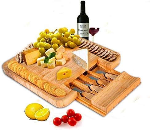 Titan Kitchen Bamboo Cheese Board With Slide Out Drawer And Cutlery Utensils, 5 Piece Set