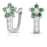 Sterling Silver Flower Huggie Earrings for Girls in Cubic Zirconia with Simulated Emerald May Birthstone