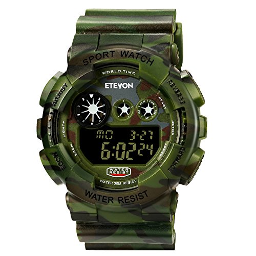 ETEVON Boys Big Face Sport Watch - Waterproof Digital Electronic Military Wrist Kids Sports Watch with Silicone Band Luminous Alarm Stopwatch Watches for Children Teenagers (Forest Green)