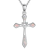 LUHE Cross Necklace for Women Sterling Silver Cross Pendant Necklace Opal Jewelry Religious Jewelry Christian Gifts