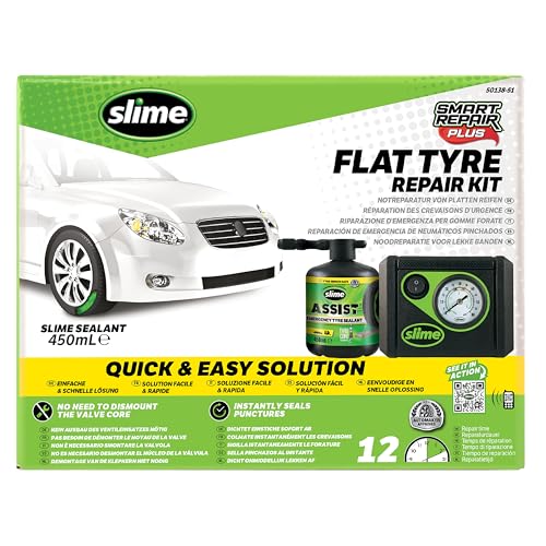 Slime 50138-51 Smart Repair Plus Kit, Emergency Flat Tyre Puncture Repair, includes 450mL of Sealant with Easy Insertion and a Tyre Inflator, suitable for Cars and other Highway Vehicles, 12 min fix