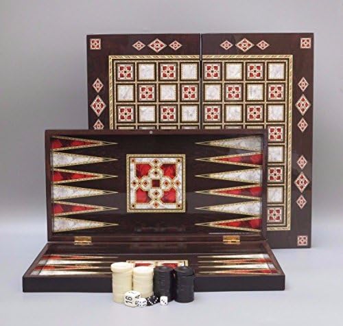 Chessgammon LARGE STAR WOODEN FOLDABLE TRAVEL BACKGAMMON AND CHECKERS SET BOARD GAME PEARL DESIGN WITH DOUBLING DICE