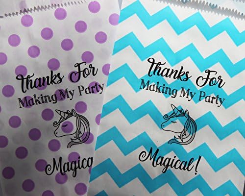 Bakers Bling Birthday Party Unicorn Favor Bags with Stickers, Thanks for Making My Party Magical, Purple Polka Dots, Aqua Blue Chevron, 5.5" W x 7.5" H, Set of 48 Bags, 48 Stickers