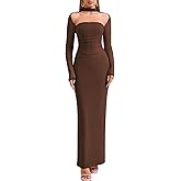 HTZMO Women Long Sleeve Bodycon Maxi Dress Halter Neck Ruched Elegant Wedding Guest Formal Long Dresses