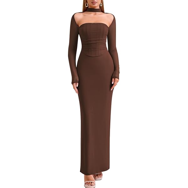 Amazon.com: CIDER Women's Long Sleeve Maxi Dress Asymmetrical Ruffle Hem  Bodycon Evening Party Dress Brown : Clothing, Shoes & Jewelry