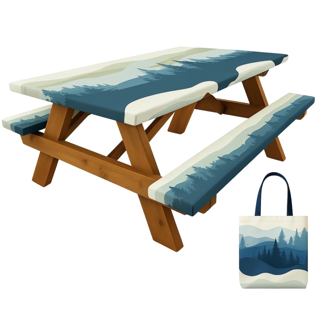 Photo 1 of RNOONY 6ft Polyester Picnic Table Cover with Bench Covers Windproof & Waterproof Tablecloth, Perfect for Camping Gifts & RV Essentials, Cool Camping Gadgets, with Carrying Bag, 72x30 Inches, 4Pcs,Blue