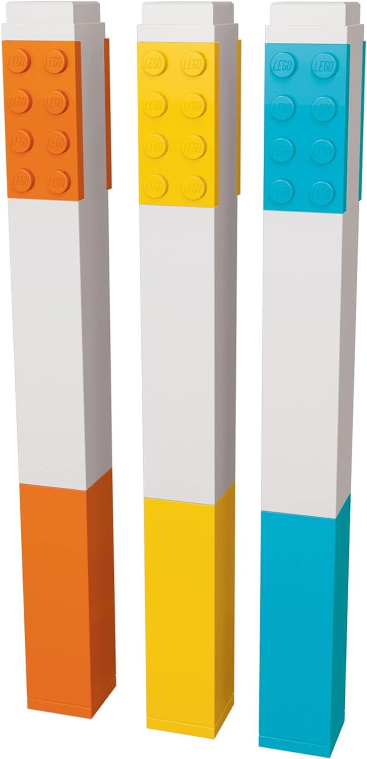IQ LEGO Stationery 3 Pack Highlighter Markers with 4x2 Building Bricks - Yellow, Orange, Blue (51685)