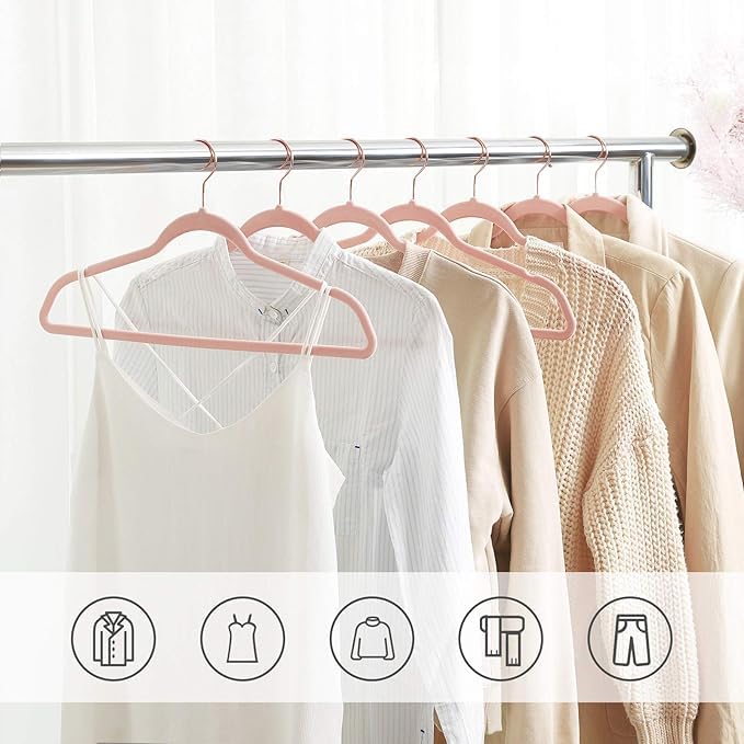 HilmGear Velvet Hangers, Set of 50 Packs Clothes Hanger with Rose Gold Swivel Hook, Non-Slip, and Space-Saving, 0.2-Inch Thick, 17.1-Inch Long for Coat, Shirt, Dress, Pants, Tie (Pink, One Size)