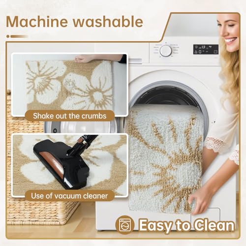 Bathroom Mat 19.7x31.5 Inch, Non Slip Extra Soft Absorbent Washable Bathroom Rugs, Mid Century Modern Boho Area Rug Welcome Mat Floral Faux Wool Bath Mat for Bathroom, Bedroom, and Kitchen,Brown