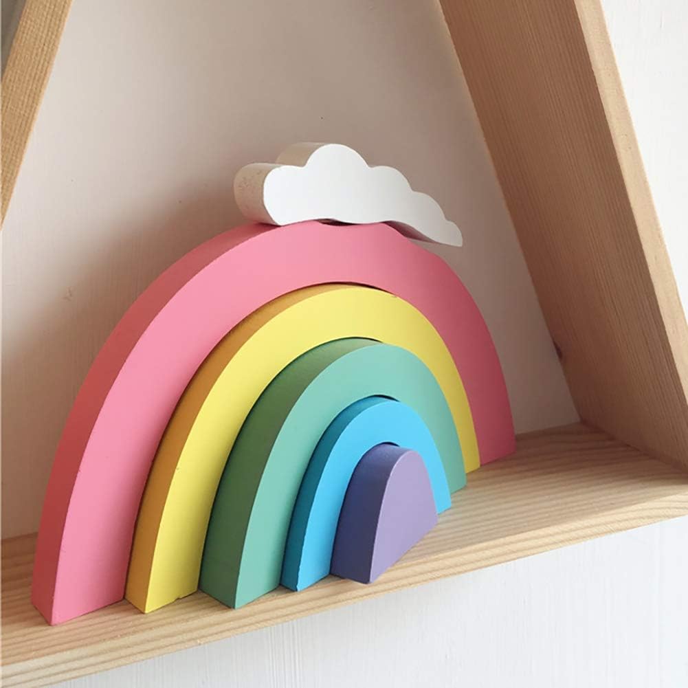 Milemelo Wooden Rainbow Stacking Game Learning Toy Geometry Building Blocks Educational Toys for Kids Baby Toddlers Room Ornament Wall Party Decor