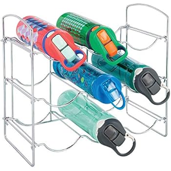 mDesign Metal Free-Standing Water Bottle and Wine Rack Storage Organizer for Kitchen Countertops, Pantry, Fridge - 3 Levels, Holds 9 Bottles - Chrome