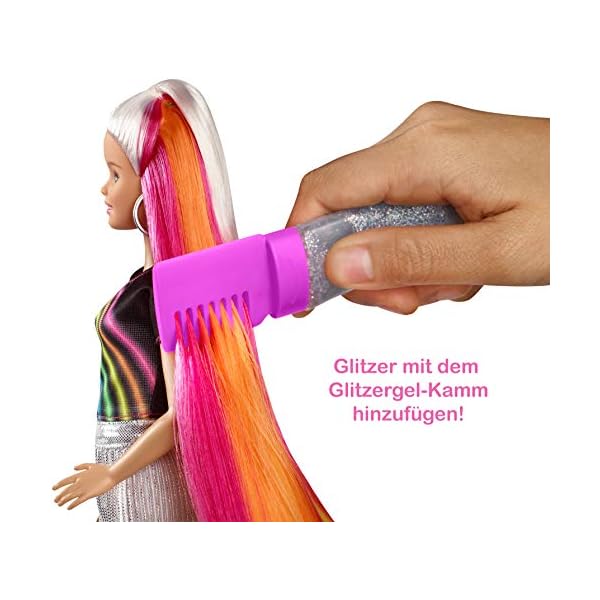 Barbie FXN96 - Regenbogen-Glitzerhaar Puppe mit Langen blonden Haaren, versteckter Regenbogen aus fünf Farben, Glitzergel, Haarbürste,Haarstyling-Zubehör, Spielzeug Geschenk für Kinder ab 5 Jahren – Bild 4