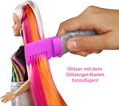 Barbie FXN96 - Regenbogen-Glitzerhaar Puppe mit Langen blonden Haaren, versteckter Regenbogen aus fünf Farben, Glitzergel, Haarbürste,Haarstyling-Zubehör, Spielzeug Geschenk für Kinder ab 5 Jahren – Bild 4