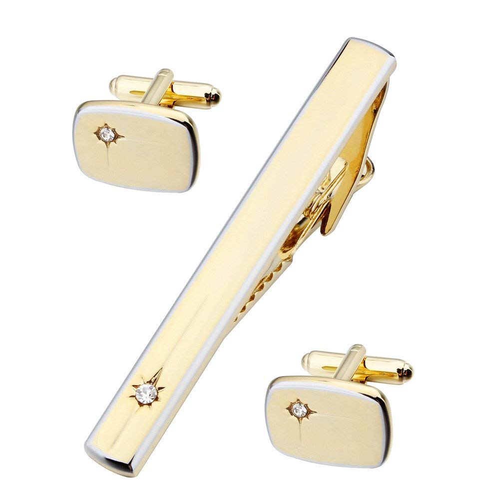 HAWSON Fashionable Crystal Cufflinks and Tie Clip Set Best Gift for Man Gold