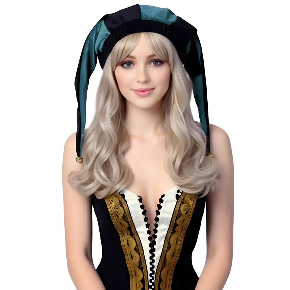 ANDHOM The Middle Ages Jester Cosplay Hat Medieval Clown Cape Bells Adult Joker Halloween Carnival Party Hat