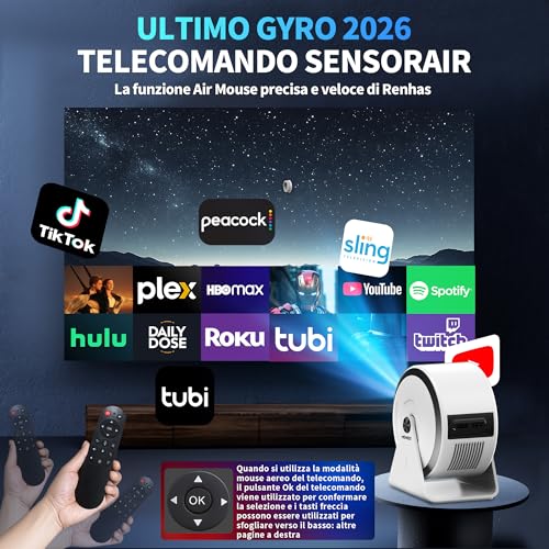 Mini Projector [Integrated Apps & 2026 Upgraded] Support 4K 1080P, Portable Projector Auto Focus/Keystone with WiFi 6 and Bluetooth 5.4 Correction 360°Rotation, Mini Projector Home Theater- White